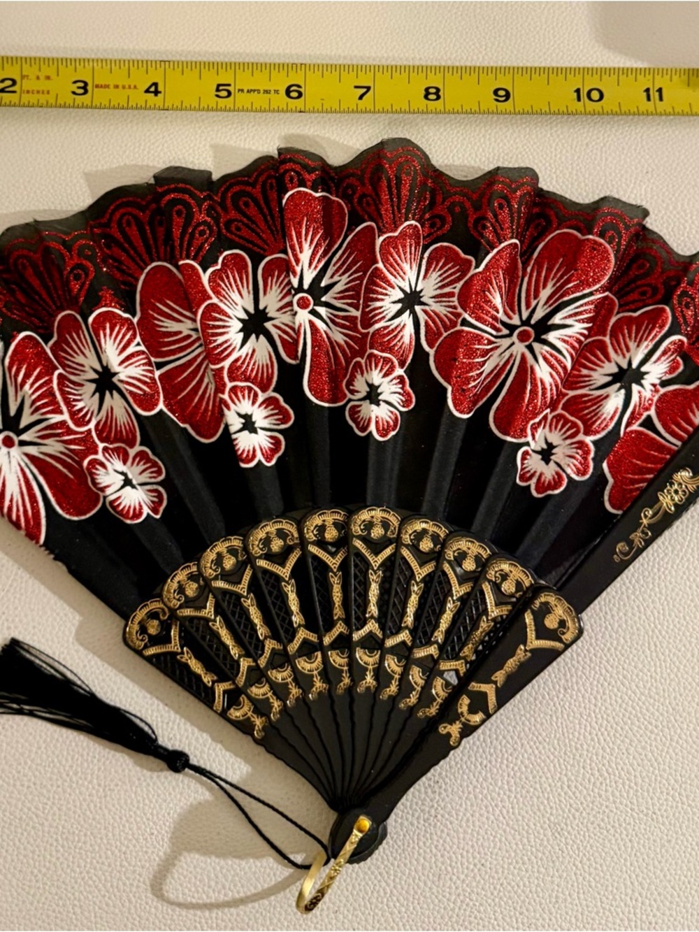 Black Red Floral Folding Hand Fan Glitter Lace Tassel Dance Festival Flamenco - Picture 10 of 16